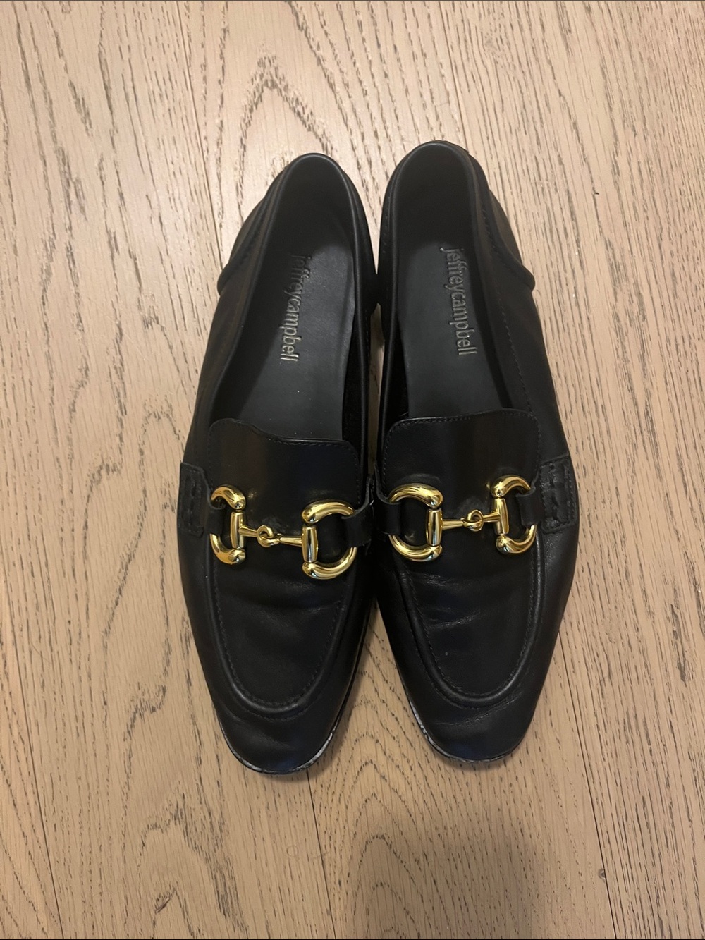 Jeffrey Campbell Black Leather Loafers with Gold Horsebit